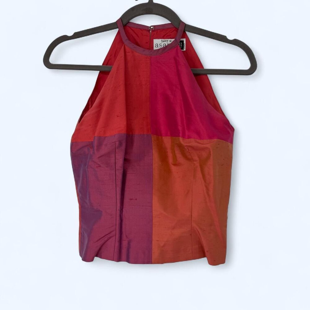 Silk Colorblock Halter Neck Top Iridescent Dupioni Cocktail Party Blouse c. 1999